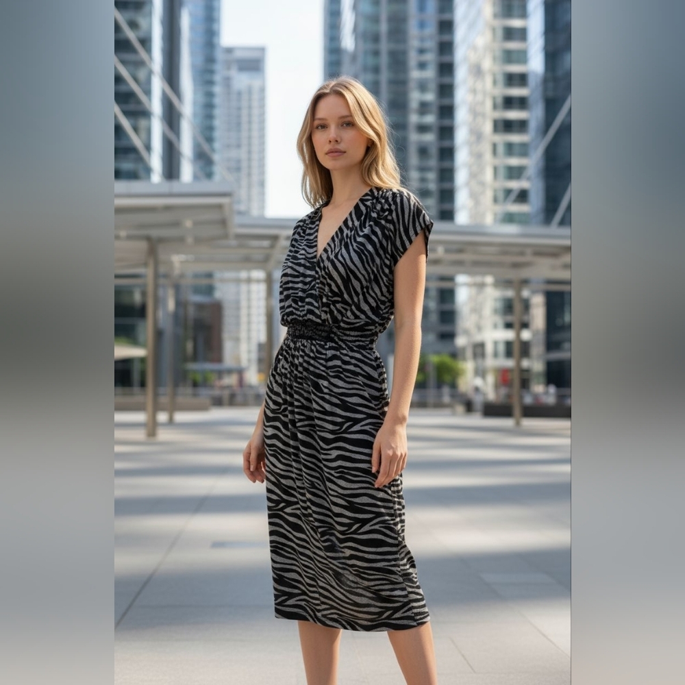 As U Wish Grey/Black Zebra Print V-Neck Tie Waist Midi Dress Size Large